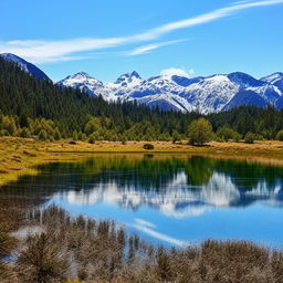 A peaceful and serene mountain landscape featuring a crystal-clear lake reflecting the snow-capped peaks, under a bright blue sky with a few scattered clouds