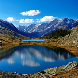 A peaceful and serene mountain landscape featuring a crystal-clear lake reflecting the snow-capped peaks, under a bright blue sky with a few scattered clouds