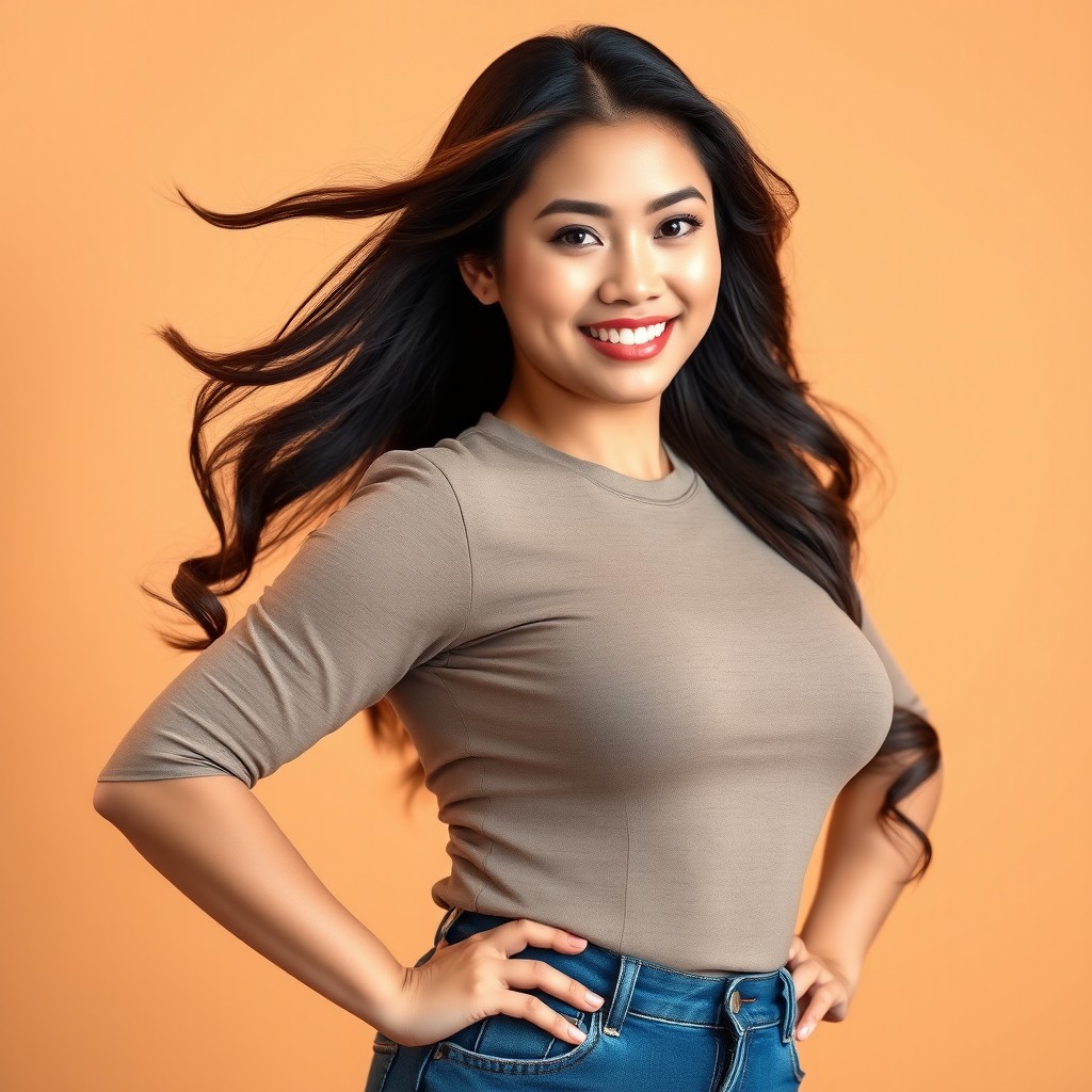 A confident Asian woman with an emphasis on her curvy figure, focusing on her beautiful and prominent features