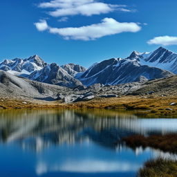 A peaceful and serene mountain landscape featuring a crystal-clear lake reflecting the snow-capped peaks, under a bright blue sky with a few scattered clouds