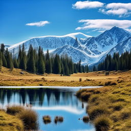 A peaceful and serene mountain landscape featuring a crystal-clear lake reflecting the snow-capped peaks, under a bright blue sky with a few scattered clouds