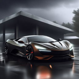 A groundbreaking 8K resolution depiction of a luxurious new supercar design with sharp architectural lines, set against a dramatic rainy backdrop, encapsulating both power and elegance.