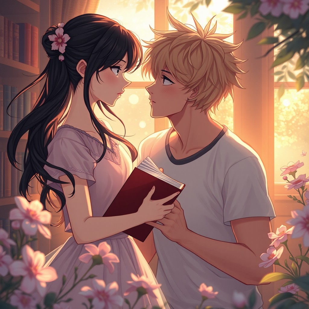 A dreamy and poetic scene illustrating a deep yet subtle bond between two characters; an introspective girl with flowing black hair who enjoys reading, and a charming, athletic boy with tousled blond hair, whose underlying sensitivity she begins to notice over time