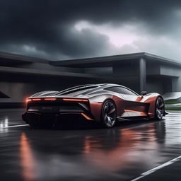 A groundbreaking 8K resolution depiction of a luxurious new supercar design with sharp architectural lines, set against a dramatic rainy backdrop, encapsulating both power and elegance.