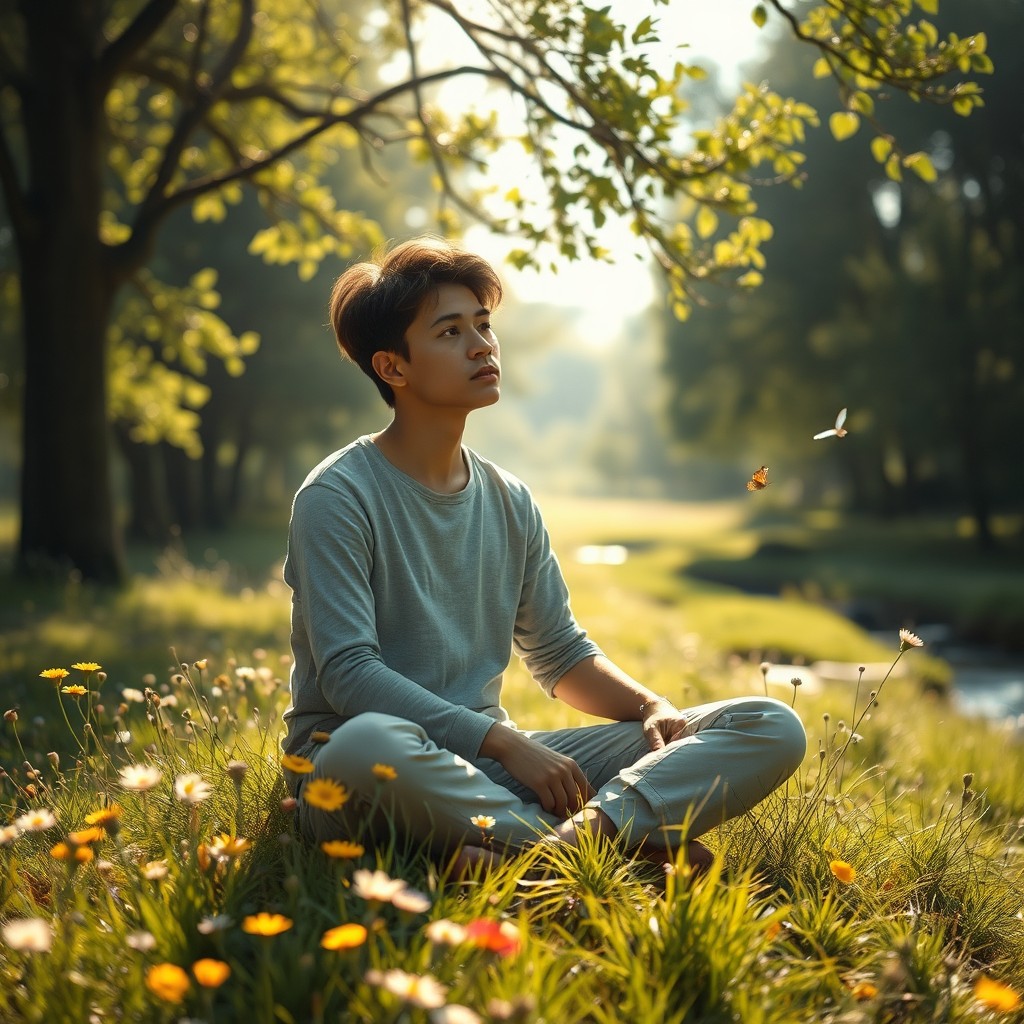 A serene and introspective scene depicting a person in nature, sitting cross-legged on a soft patch of grass surrounded by blooming wildflowers
