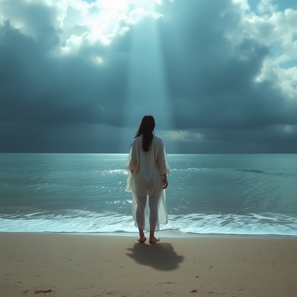 A solitary figure standing on a sandy beach, gazing at the vastness of the sea under a dramatic sky