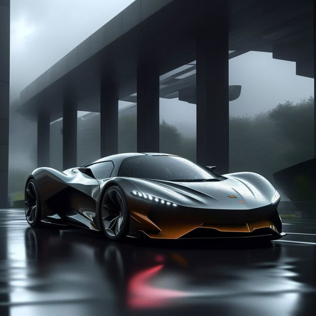 A groundbreaking 8K resolution depiction of a luxurious new supercar design with sharp architectural lines, set against a dramatic rainy backdrop, encapsulating both power and elegance.