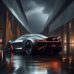 A groundbreaking 8K resolution depiction of a luxurious new supercar design with sharp architectural lines, set against a dramatic rainy backdrop, encapsulating both power and elegance.