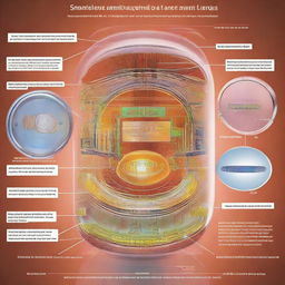 A detailed representation of the science behind smart contact lenses, showing integrated circuits for data collection, storage, and transmission, along with principles of light refraction.