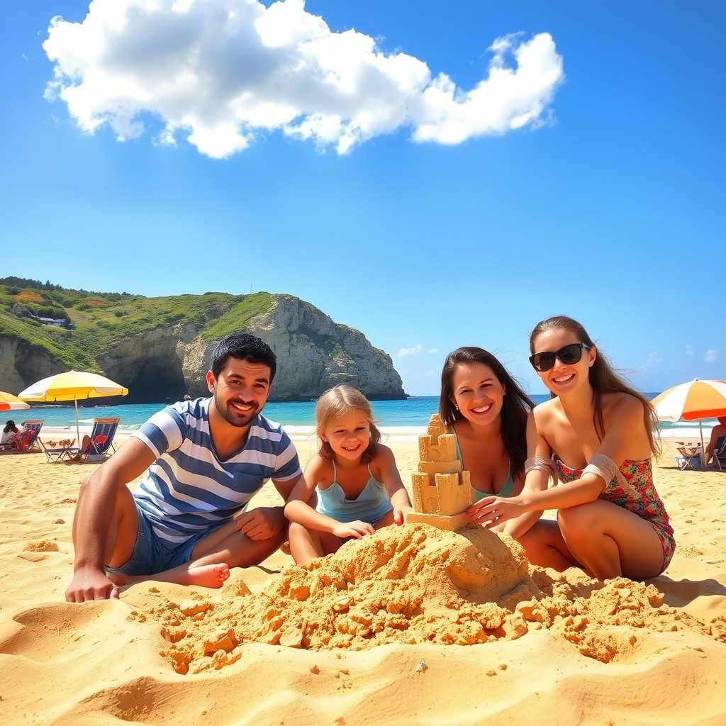 A vibrant scene of a Portuguese family enjoying their holiday, capturing joyful moments at a sunny beach with golden sand, colorful beach umbrellas, and crystal-clear blue waters