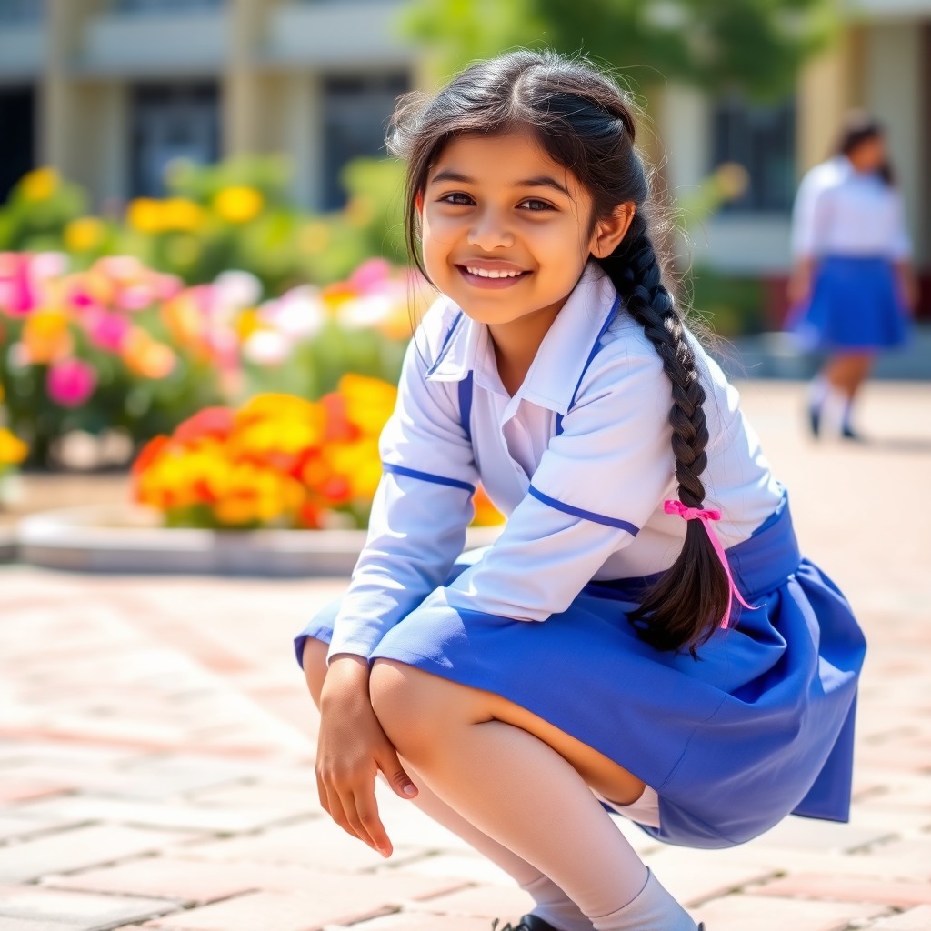 A Nepali school girl in a traditional uniform consisting of a white shirt and a blue skirt, with tights underneath, squatting down