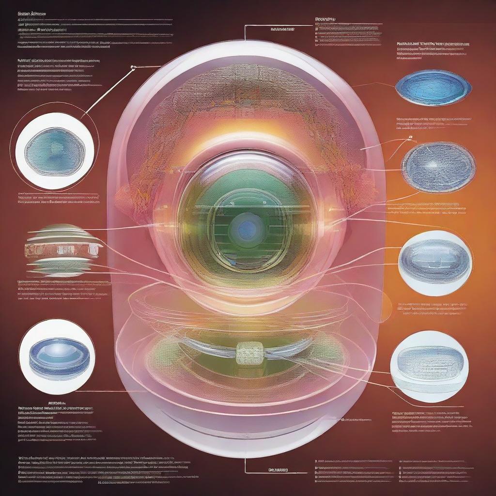 A detailed representation of the science behind smart contact lenses, showing integrated circuits for data collection, storage, and transmission, along with principles of light refraction.