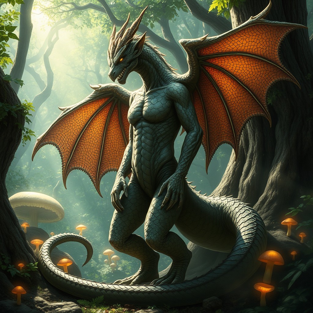 A mysterious draconic shapeshifter depicted in an enchanted forest