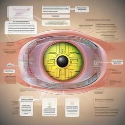 A detailed representation of the science behind smart contact lenses, showing integrated circuits for data collection, storage, and transmission, along with principles of light refraction.