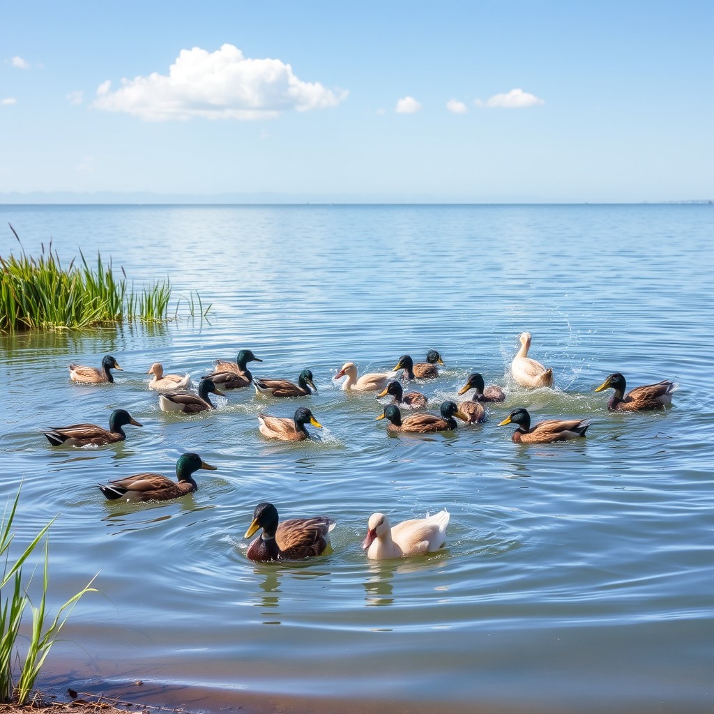 A serene scene of ducks swimming and playing in a calm lake