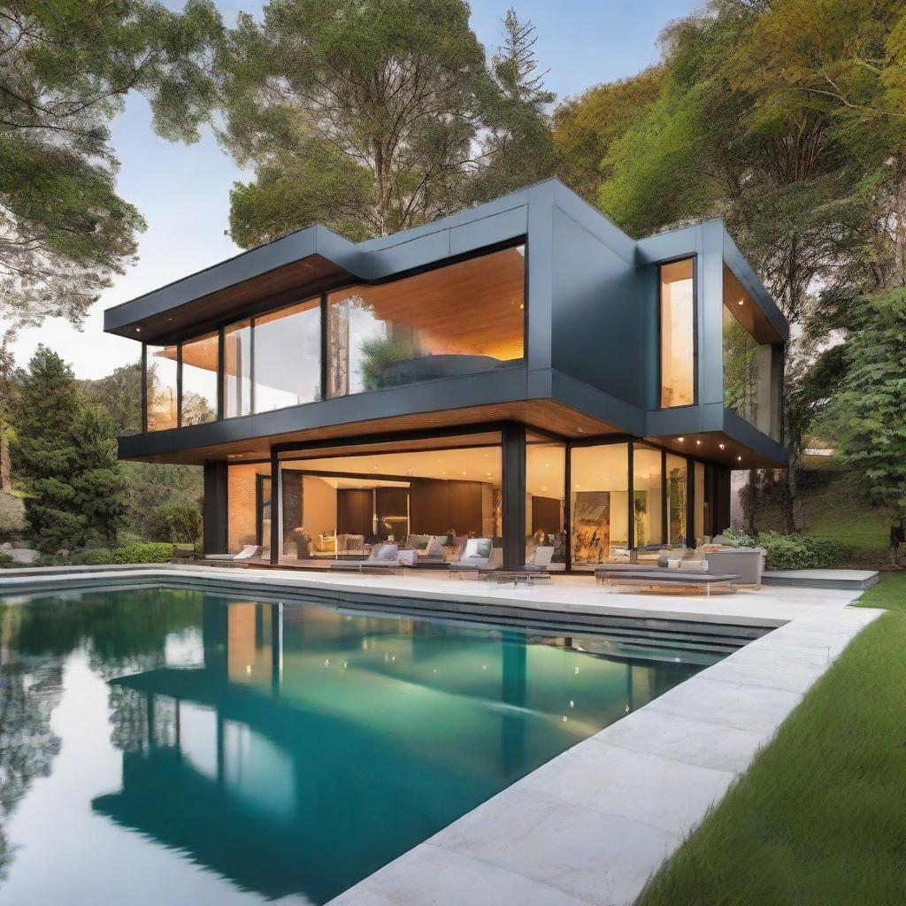 A luxurious, stunning house with contemporary design, large glass windows offering panoramic views, an infinity pool in the backyard, and lush green lawns surrounded by tall, mature trees.