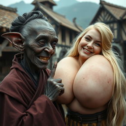In a medieval village, an elderly goblin woman, about 1 meter tall and resembling a dwarf, is depicted as a black African with very dark skin and an emaciated body