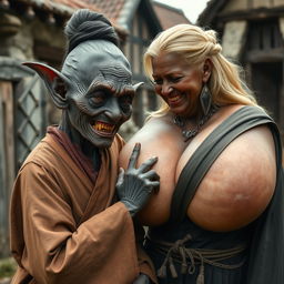 In a medieval village, an elderly goblin woman, about 1 meter tall and resembling a dwarf, is depicted as a black African with very dark skin and an emaciated body