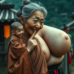 In a medieval Chinese village, a tiny, extremely small and malnourished elderly Chinese woman with rotten teeth is portrayed as malevolent