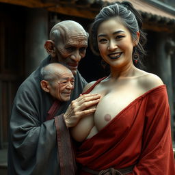 In a medieval Chinese village, a tiny, elderly, malevolent-looking Chinese woman, extremely small and malnourished with rotten teeth, covered in a long Buddha robe that's fully closed