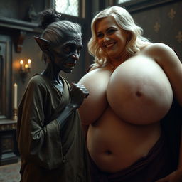 In a medieval chamber, a small, elderly Goblin woman of African descent with completely black skin and a malnourished body stands out