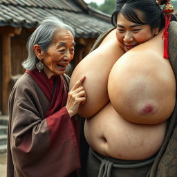 In a medieval Chinese village, a very petite elderly Chinese woman with a malnourished body and sharp, decayed teeth is dressed in a long, completely closed Buddhist robe