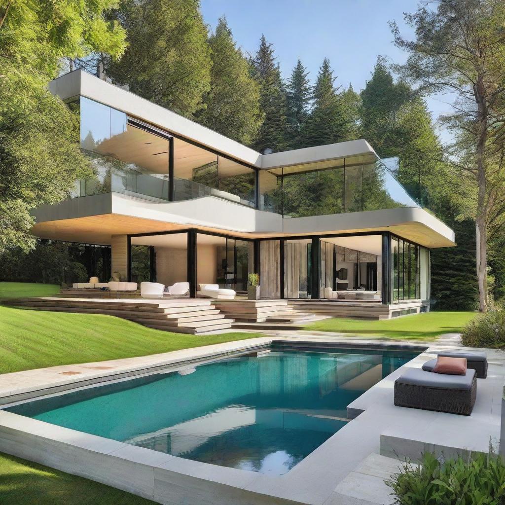 A luxurious, stunning house with contemporary design, large glass windows offering panoramic views, an infinity pool in the backyard, and lush green lawns surrounded by tall, mature trees.