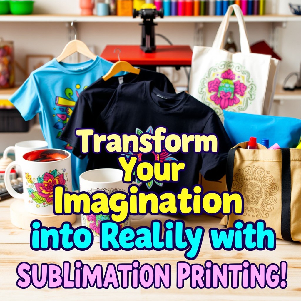 A vibrant and eye-catching sublimation printing advertisement showcasing beautifully designed garments and home decor items