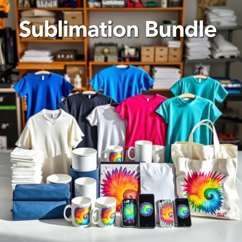 A striking display of a sublimation bundle showcasing a variety of sublimation products including blank T-shirts, mugs, tote bags, and phone cases, all arranged neatly