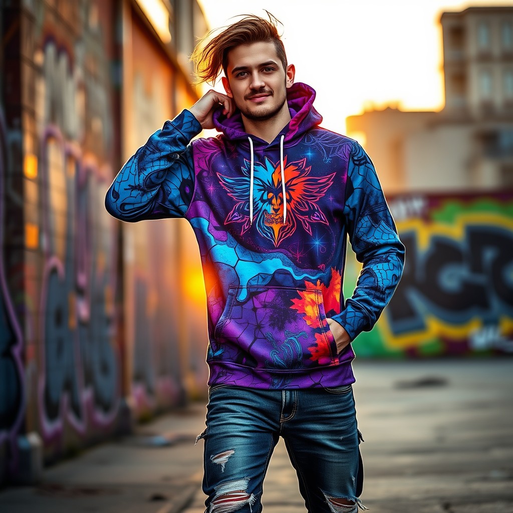 A person confidently wearing a vibrant sublimation printed hoodie featuring a colorful abstract design, standing in an urban environment with graffiti art in the background