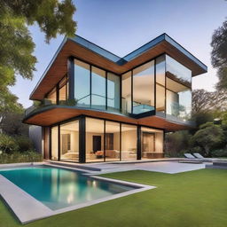 A luxurious, stunning house with contemporary design, large glass windows offering panoramic views, an infinity pool in the backyard, and lush green lawns surrounded by tall, mature trees.