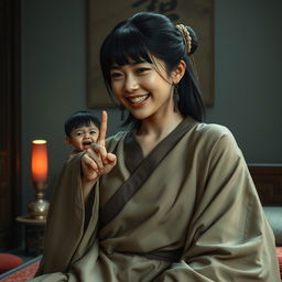 In a medieval Chinese bedroom, a tiny young Indonesian woman appears, very petite with a malnourished body, showing sharp, decayed teeth as she screams