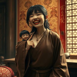 In a medieval Chinese bedroom, a tiny young Indonesian woman appears, very petite with a malnourished body, showing sharp, decayed teeth as she screams