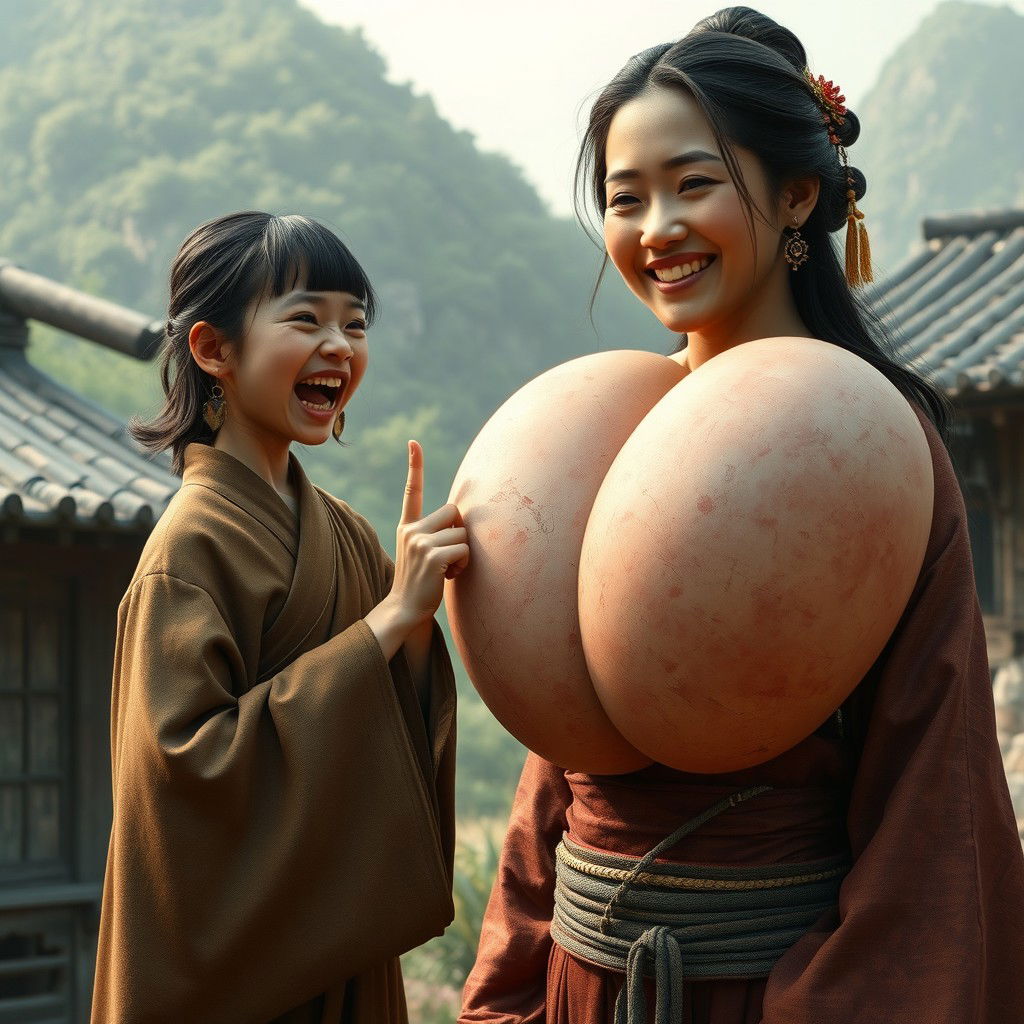 In a medieval Chinese village, a tiny young Indonesian woman appears, very petite with a malnourished body, showing sharp, decayed teeth as she screams