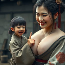 In a medieval Chinese village, a tiny young Chinese woman appears, very petite and with a malnourished body, displaying sharp, decayed teeth as she yells