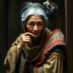 Em um quarto chinês medieval, uma mulher idosa anã, muito pequena, de origem chinesa, com corpo desnutrido, dentes podres e afiados, e vestindo um longo manto budista fechado