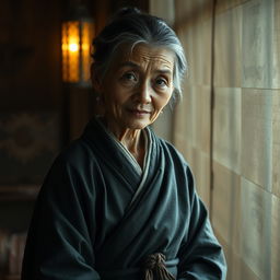 Em um quarto chinês medieval, uma mulher idosa anã, muito pequena, de origem chinesa, com corpo desnutrido, dentes podres e afiados, e vestindo um longo manto budista fechado