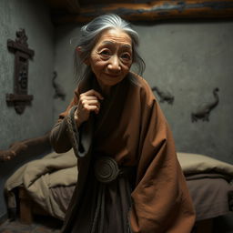 Em um quarto chinês medieval, uma mulher idosa anã, muito pequena, de origem chinesa, com corpo desnutrido, dentes podres e afiados, e vestindo um longo manto budista fechado