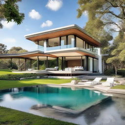 A luxurious, stunning house with contemporary design, large glass windows offering panoramic views, an infinity pool in the backyard, and lush green lawns surrounded by tall, mature trees.