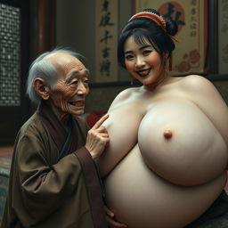 In a medieval Chinese bedroom, there is an elderly Chinese dwarf, very small and malnourished, with sharp, decayed teeth, wearing a long, fully closed Buddhist robe