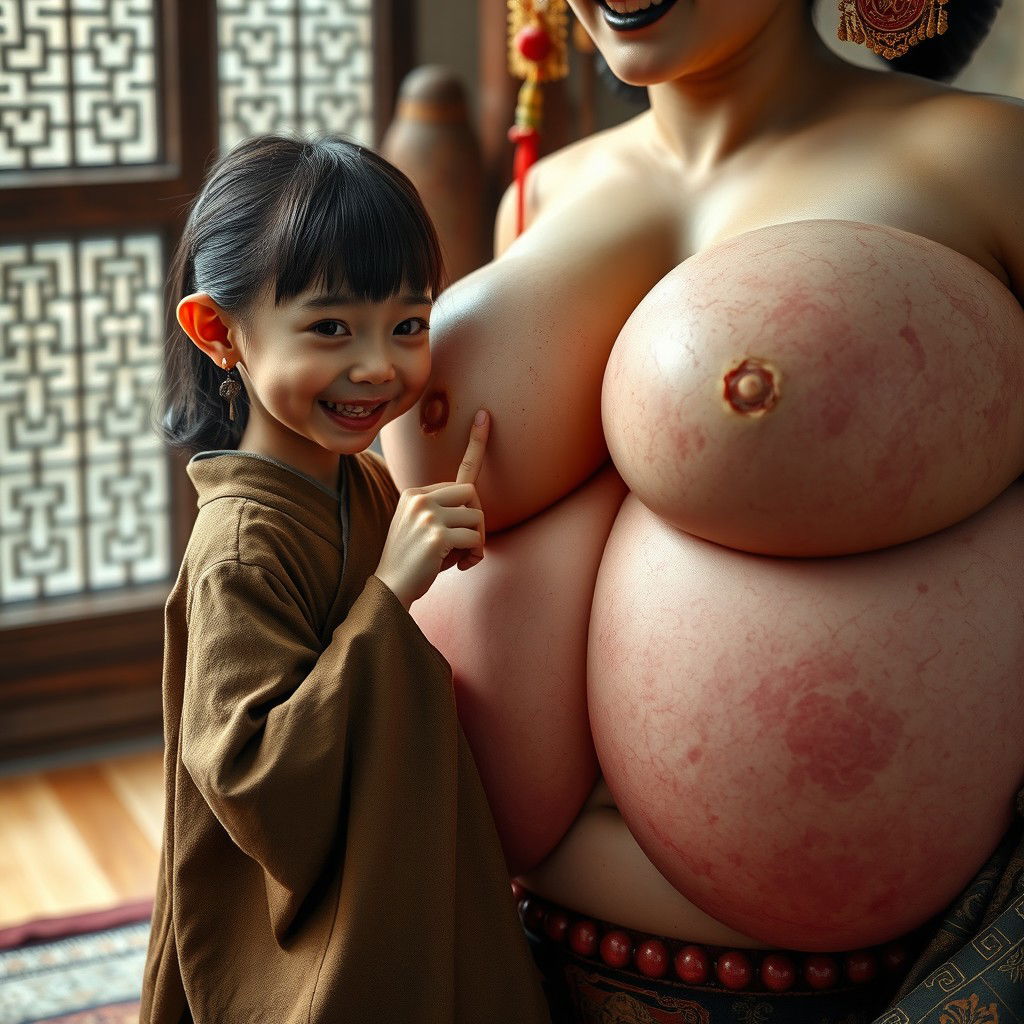 In a medieval Chinese bedroom, there is a young Chinese dwarf, very small and malnourished, with sharp, decayed teeth