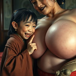 In a medieval Chinese bedroom, there is a young Chinese dwarf, very small and malnourished, with sharp, decayed teeth