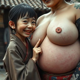 In a medieval Chinese village, a very small and malnourished young Chinese dwarf with sharp, decayed teeth is depicted