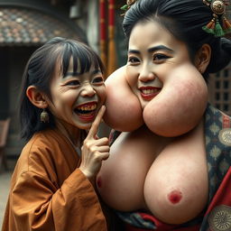 In a medieval Chinese village, a very small and malnourished young Chinese dwarf with sharp, decayed teeth is depicted