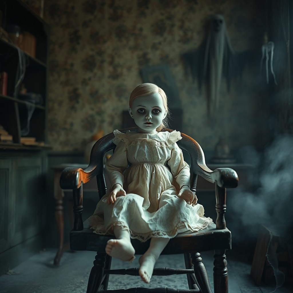 A mysterious and eerie haunted doll sitting on an antique wooden chair in an old, dimly lit room