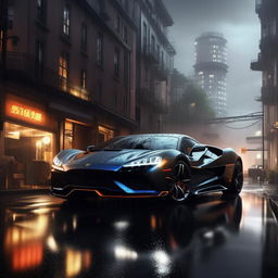 An imaginative 8K resolution portrayal of a brand-new luxurious supercar, displayed against a striking backdrop of a rain-soaked cityscape.