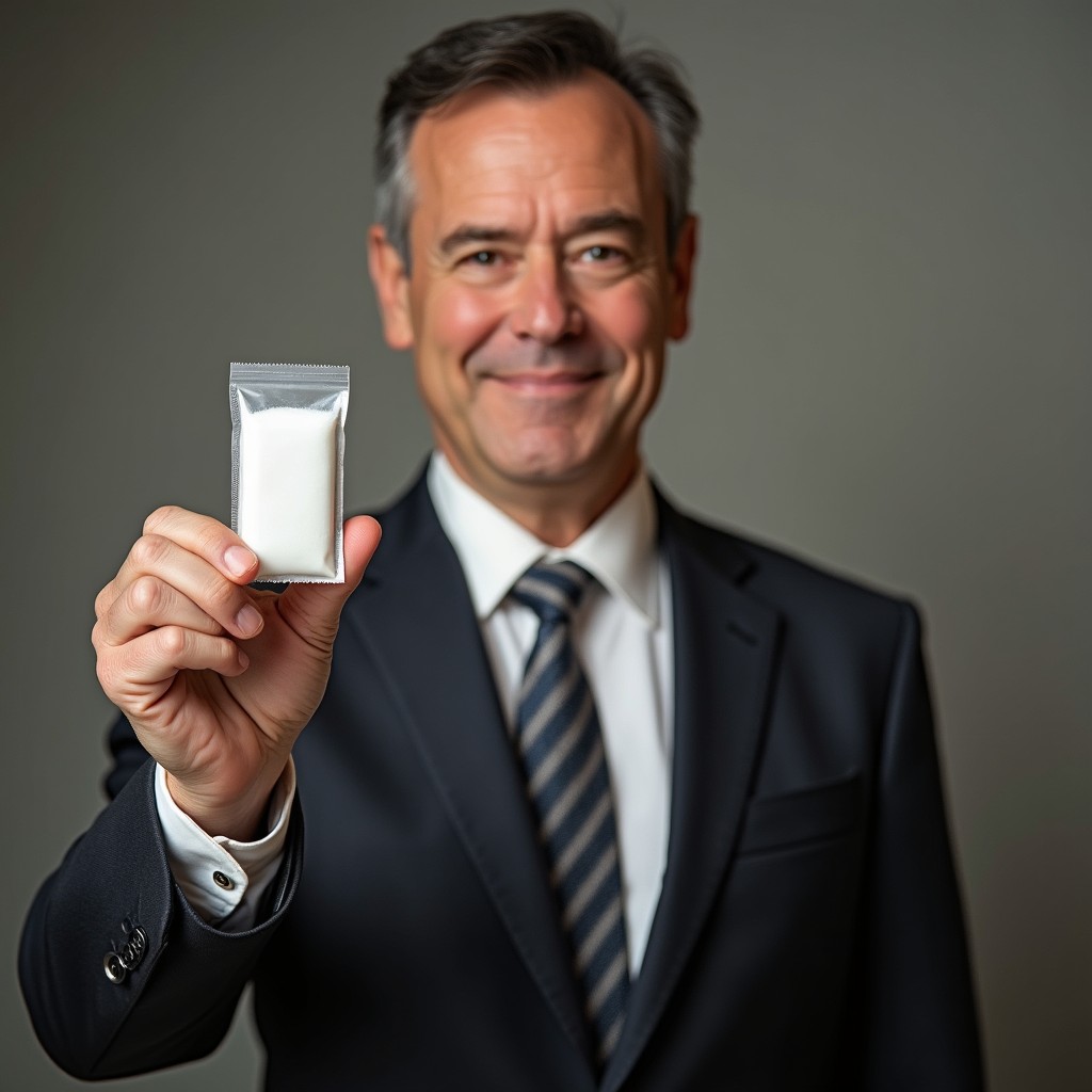 A focused portrait of a middle-aged man wearing a formal suit and tie, holding a packet of sugar in his right hand, showcasing it clearly
