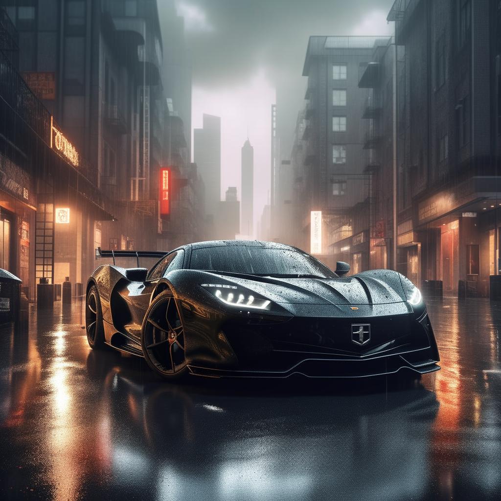 An imaginative 8K resolution portrayal of a brand-new luxurious supercar, displayed against a striking backdrop of a rain-soaked cityscape.