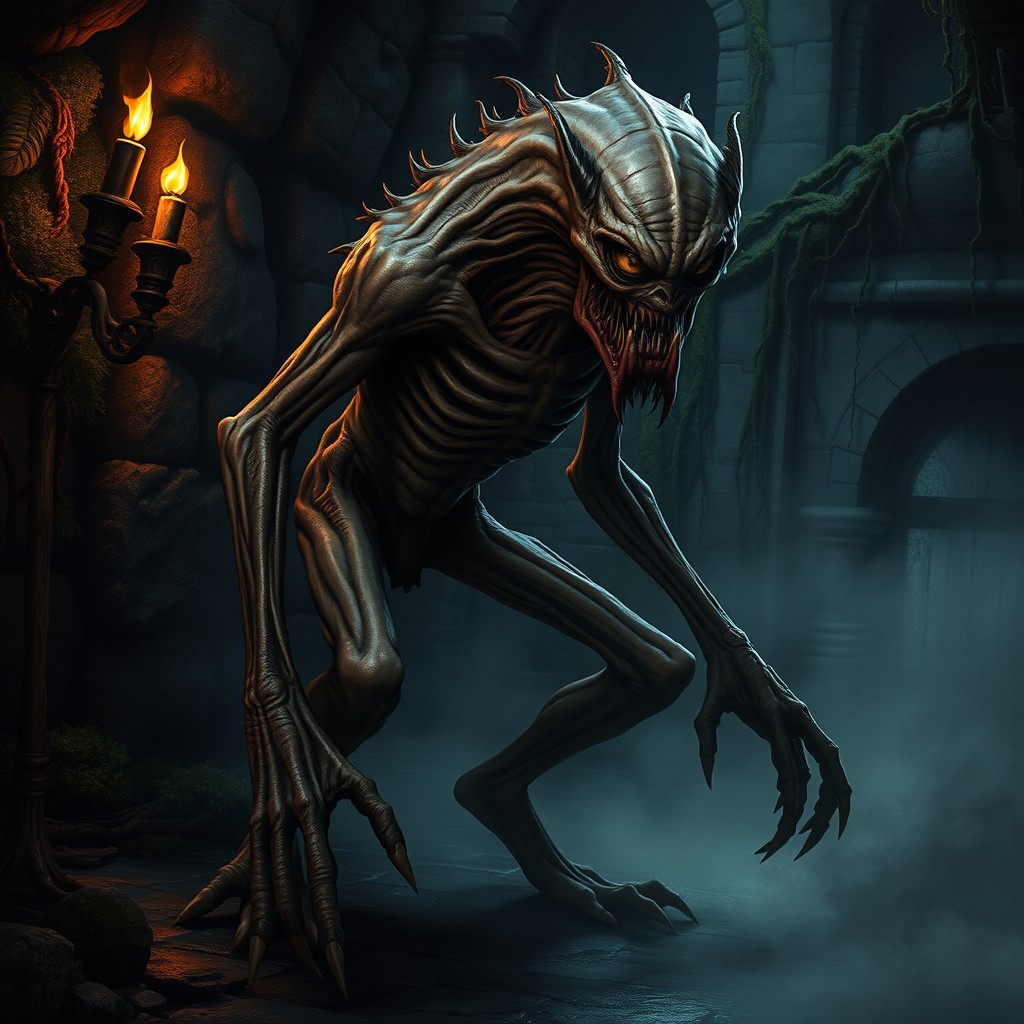 A fearsome and grotesque Nothic creature from fantasy lore, featuring a gaunt, emaciated body with scaly skin, one large, glaring eye at the center of its face, and long, claw-like fingers