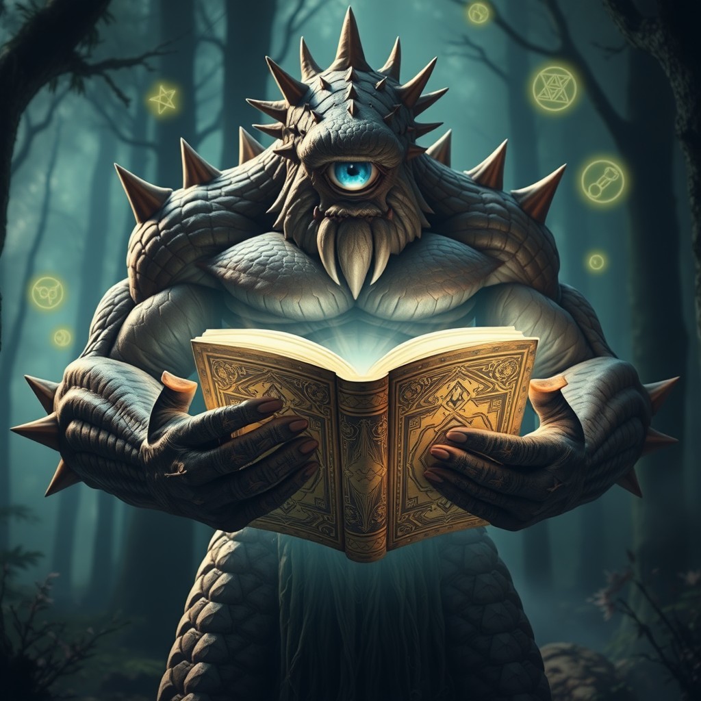 A powerful and imposing cyclops, featuring scaled skin and protruding spikes along its arms and back